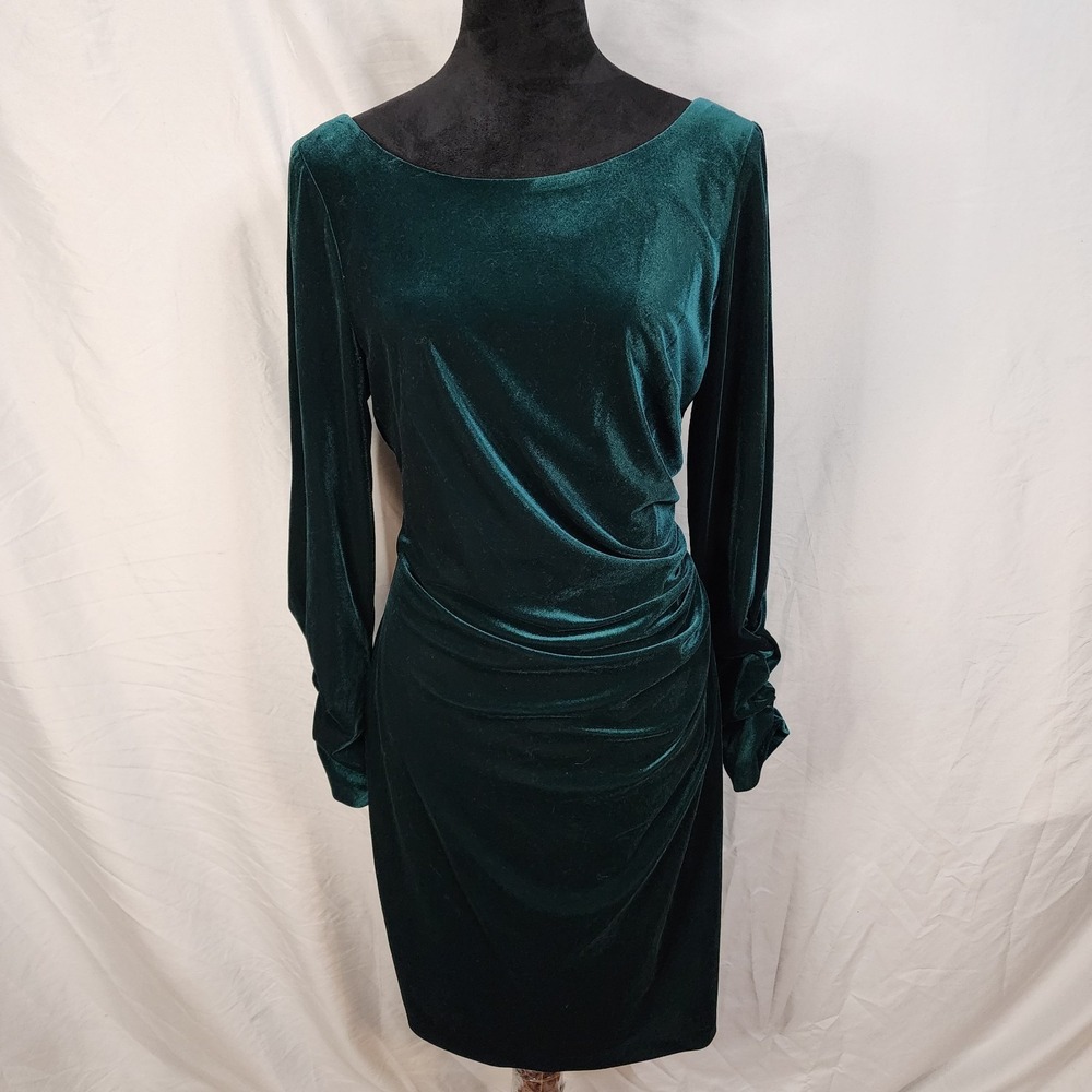 New! VINCE CAMUTO Size 14 Green Velvet Drape Ruched Knee Length Cocktail Dress - Picture 2 of 13